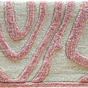 Luxury designer rug with beige base and raised wavy pink patterns, high-end wool design.