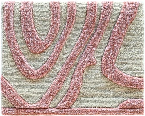 Luxury designer rug with beige base and raised wavy pink patterns, high-end wool design.
