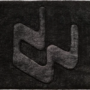 Luxury black rectangular designer rug with raised geometric center, high-end handmade wool design.