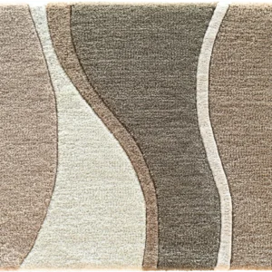 Luxury designer square area rug featuring abstract wavy stripes in beige, brown, cream, and gray.