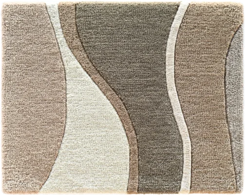 Luxury designer square area rug featuring abstract wavy stripes in beige, brown, cream, and gray.