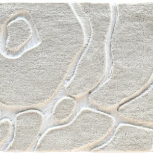 Luxurious designer rug in light beige with abstract, textured geometric patterns and curved lines.