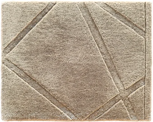 A square beige luxury designer rug with a geometric pattern of intersecting raised lines.