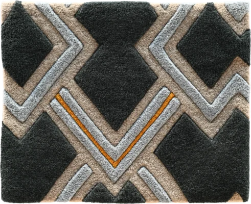 Luxury designer rectangular rug with geometric pattern and bold orange chevron, high-end wool craftsmanship.