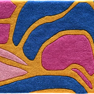 Luxury designer rug with abstract blue, pink, and yellow organic shapes and lines.