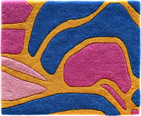 Luxury designer rug with abstract blue, pink, and yellow organic shapes and lines.