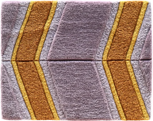 Luxury designer rug sample with gold and brown geometric zigzags on purple wool fabric.