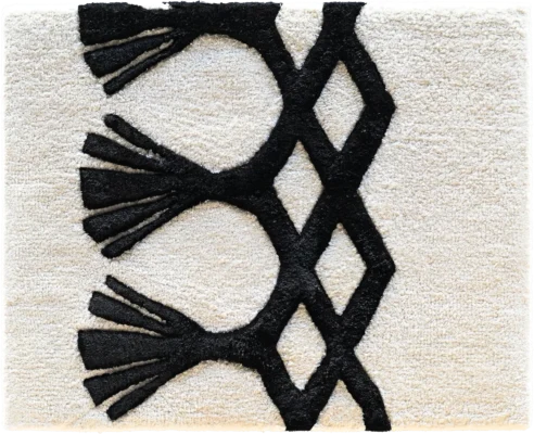 Square, cream luxury designer rug with black geometric motifs; high-end handmade wool accent.