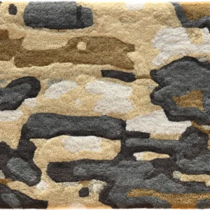 Luxury designer rug tile featuring a camouflage pattern in brown, beige, gray, and black.