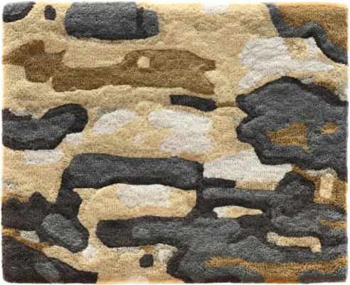 Luxury designer rug tile featuring a camouflage pattern in brown, beige, gray, and black.