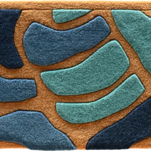 Luxury designer rug featuring a tan base and abstract blue and teal shapes, high-end custom wool.