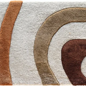 Luxury designer rug with a cream base, abstract curves in brown, tan, rust; high-end custom wool rug.