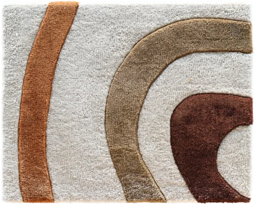 Luxury designer rug with a cream base, abstract curves in brown, tan, rust; high-end custom wool rug.
