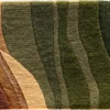 Luxury designer rug with abstract wavy stripes in green, brown, and tan tones.