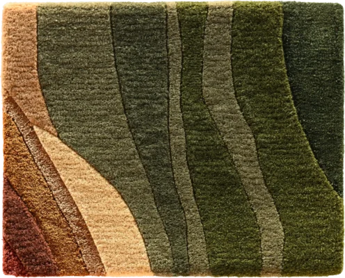 Luxury designer rug with abstract wavy stripes in green, brown, and tan tones.