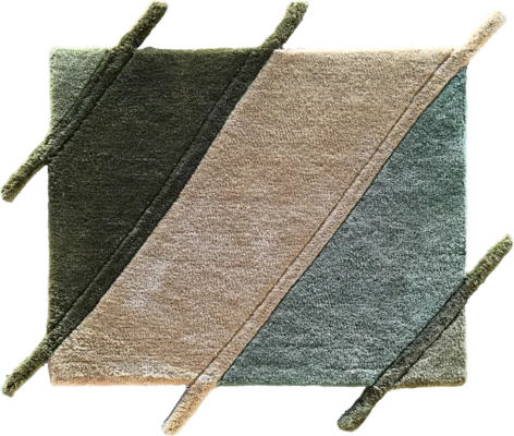 Luxury designer rug with dark green, beige, and light green diagonal blocks and raised lines.