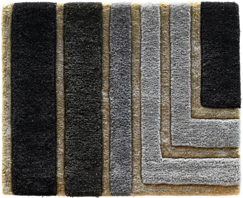 Luxury designer rug tile with geometric layered pattern in black, gray, and beige.