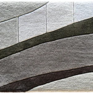 Luxury designer rug featuring curved bands in white, gray, and brown with an abstract layered pattern.