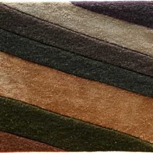 Luxury designer rug with diagonal stripes in beige, brown, green, and gray wool.