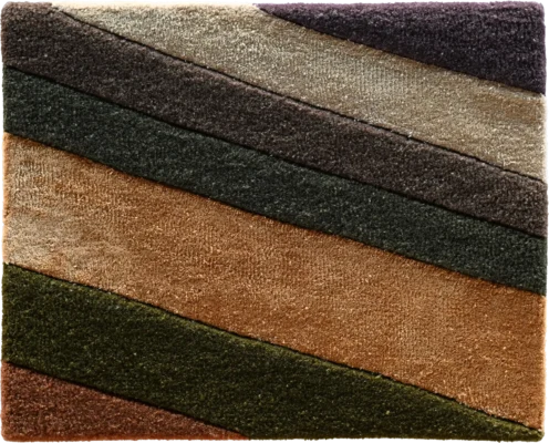 Luxury designer rug with diagonal stripes in beige, brown, green, and gray wool.