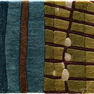 Luxury designer rug with blue and brown stripes beside olive-green geometric squares.