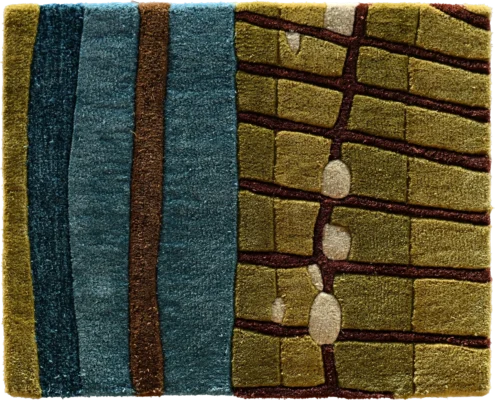 Luxury designer rug with blue and brown stripes beside olive-green geometric squares.