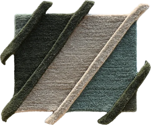 This high end designer rug showcases three diagonally divided textured blocks and elegant green raised strips.
