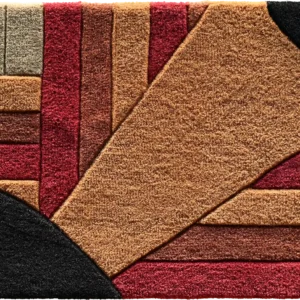 Elevate interiors with this high end designer rug featuring geometric patterns in rich brown, red, black, and tan hues.