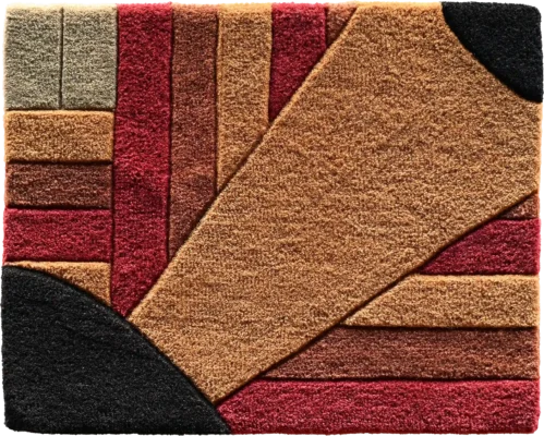 Elevate interiors with this high end designer rug featuring geometric patterns in rich brown, red, black, and tan hues.