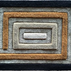 Luxury designer rectangular rug with raised geometric spirals in black, brown, gray, and beige tones.