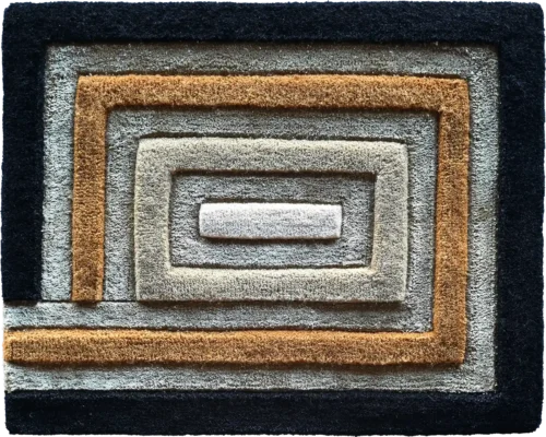 Luxury designer rectangular rug with raised geometric spirals in black, brown, gray, and beige tones.