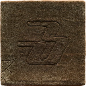 Luxury designer rug with brown textured surface and embossed abstract geometric motif.