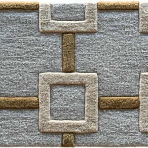 High end designer rug featuring interlocking beige and brown squares on light gray.