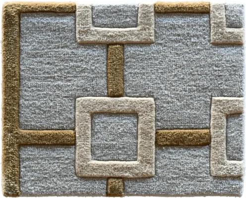 High end designer rug featuring interlocking beige and brown squares on light gray.