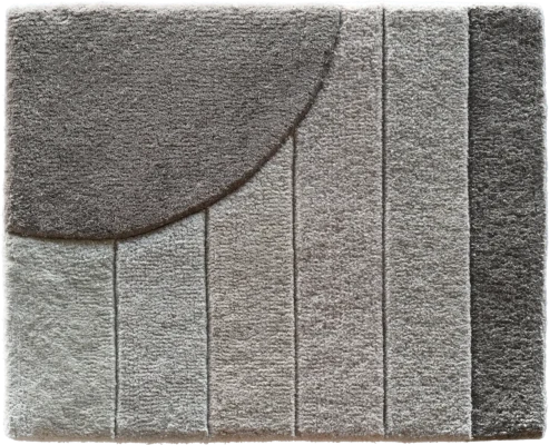 Luxury designer rug in gray tones with vertical blocks and a bold dark semicircle.