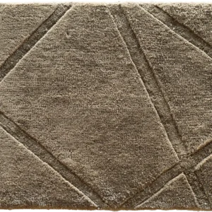 Luxury designer rug in square beige, with geometric raised and recessed patterns.