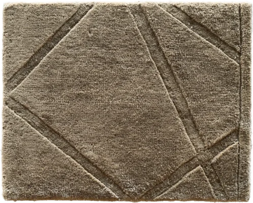 Luxury designer rug in square beige, with geometric raised and recessed patterns.