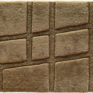 Luxury designer rug in rich brown, featuring a raised, irregular grid and deep grooves.