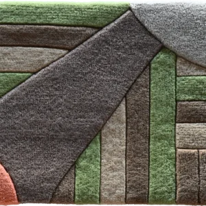 Luxury designer rug featuring geometric shapes in green, gray, brown, and salmon pink.