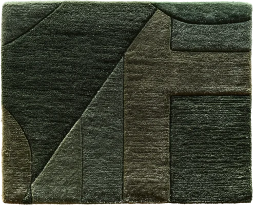 A luxury designer rug with raised, textured geometric patterns in deep green tones.