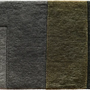 Luxury designer rug sample with a dark gray and olive-green vertical stripe pattern.