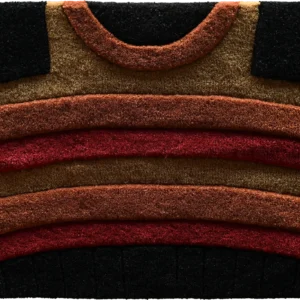 Luxury designer doormat with black, brown, and orange stripes, inspired by high-end rug patterns.