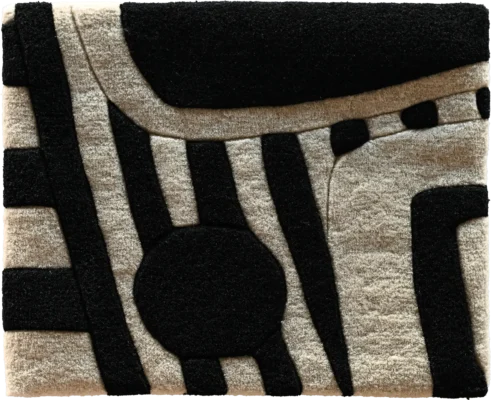 Gray and black designer rug featuring bold geometric patterns, ideal as a luxury custom high end wool or silk rug for modern interiors.