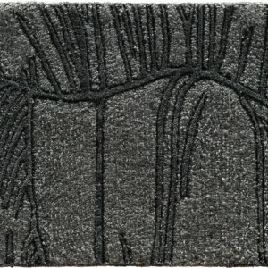 Luxury designer rug tile in textured gray with abstract black lines, evoking high end custom rugs.
