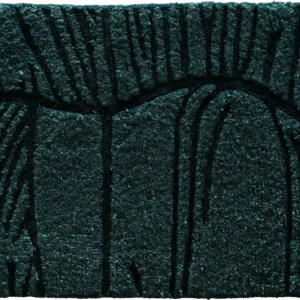 Luxury designer rug with a textured dark green surface and raised abstract lines.