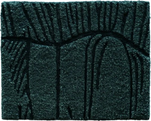 Luxury designer rug with a textured dark green surface and raised abstract lines.