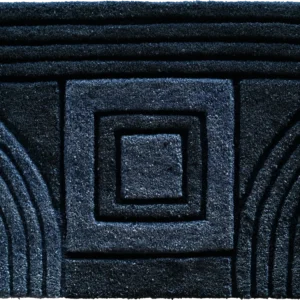 Luxury designer rug featuring textured dark wool with concentric geometric relief patterns.