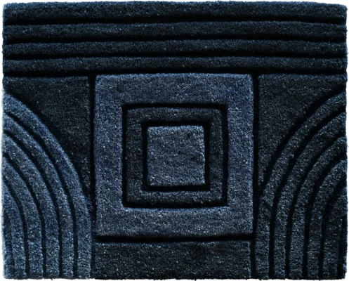 Luxury designer rug featuring textured dark wool with concentric geometric relief patterns.