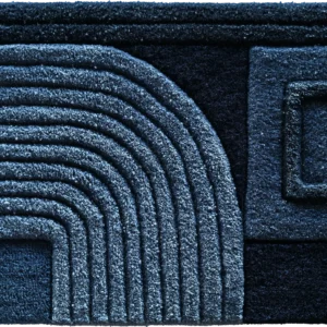 Luxury designer rug with abstract geometric blue pattern, featuring textured lines.