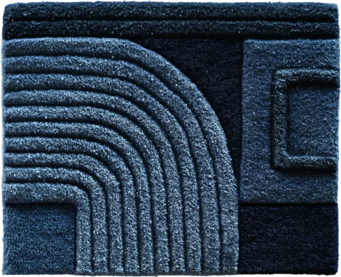 Luxury designer rug with abstract geometric blue pattern, featuring textured lines.